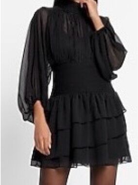 Express Black Pleated High-Neck Mini Dress